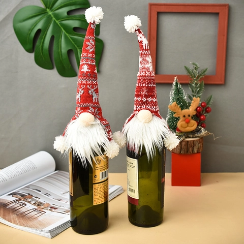 Fundas Para Botellas De Vino De Gnomo De Navidad Punto Patrón De Copo De Nieve Reno Barba De Piel Sintética Decoración