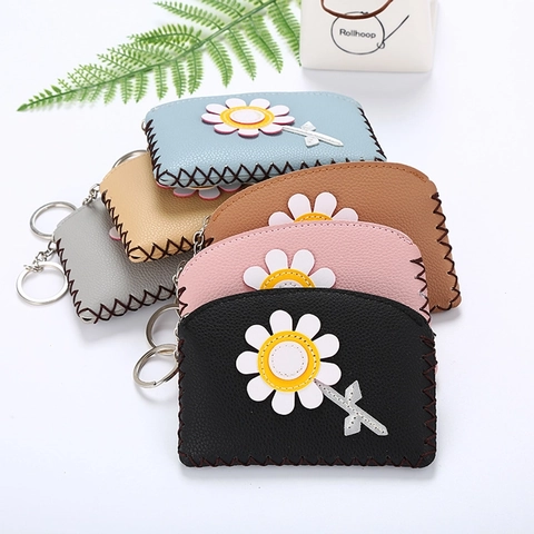 Mignon Petit Porte-Monnaie Fleur Marguerite Femmes Cuir PU Mini Portefeuille Avec Anneau Porte-Clés Fermeture Éclair
