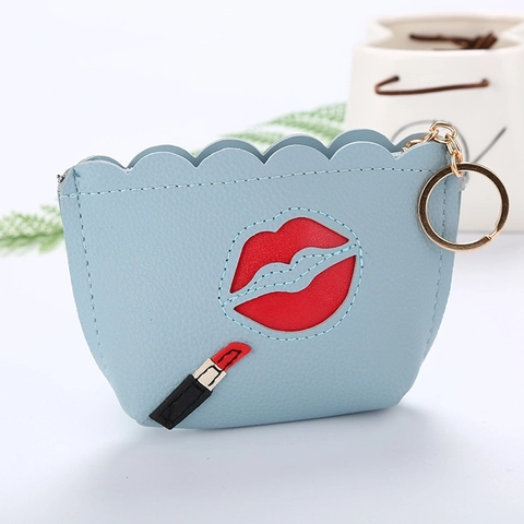 Mini Coin Purse PU Leather Scalloped Edge Red Lips Lipstick Patch Keychain Ring Zipper Pouch For Women Girls Trendy