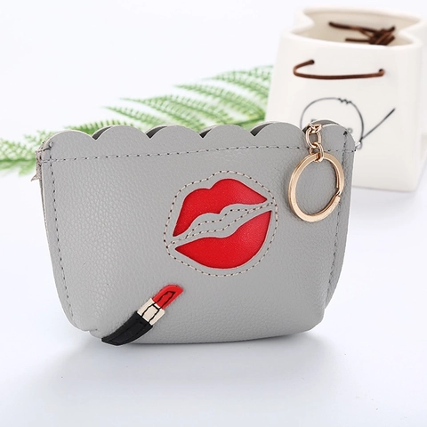 Mini Coin Purse PU Leather Scalloped Edge Red Lips Lipstick Patch Keychain Ring Zipper Pouch For Women Girls Trendy