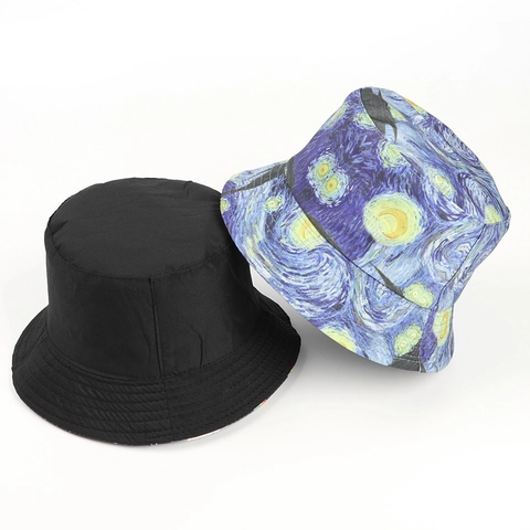 Omkeerbare Vissershoed Van Gogh Sterrennacht Olieverfschilderij Afdrukken Zonbescherming Katoen Polyester