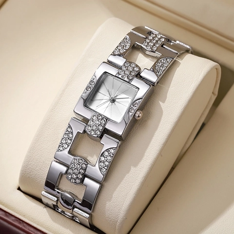Lussuoso Orologio al Quarzo Quadrato da Donna Bracciale in Lega Pavé Strass Elegante Orologio da Polso Vintage Moda Gioielli