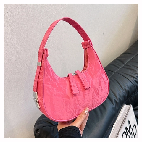 Borsa Sottobraccio Hobo Mezzaluna Da Donna In PU Texture Metallica Pieghettata Borsa A Spalla Chic Alla Moda Casual