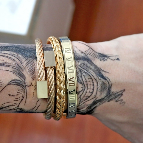 Stainless Steel Roman Numeral Woven Cable Crown Cuff Bracelets For Men Punk Vintage Jewelry Accessories