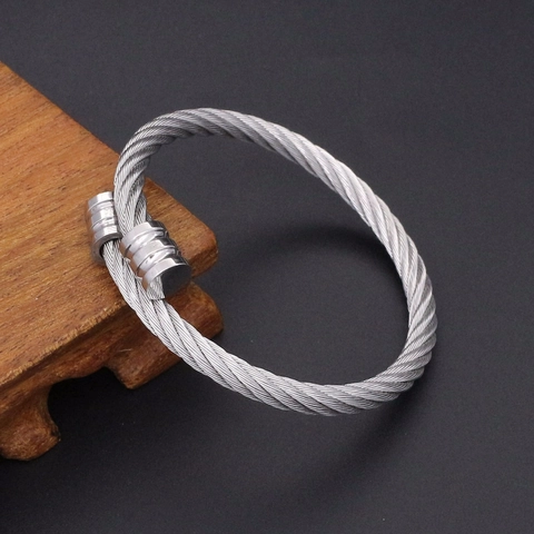 Stainless Steel Cable Bangle For Men Women Punk Twisted Wire Open Bracelet Minimalist Industrial Metal Bangle Jewelry Gift