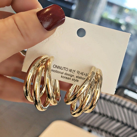 Alloy Multi Layer Hoop Earrings With 925 Sterling Silver Earring Post Retro Geometric Chunky Jewelry For Women