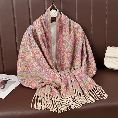 Women Vintage Paisley Scarf Thick Warm Polyester Shawl Wrap With Tassels Ethnic Style Printed Winter Large Scarf For Lady