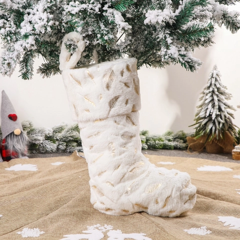 Calza Di Natale In Pelliccia Sintetica Bianca Con Motivo A Piuma Dorata Sacchetto Regalo Decorazione Albero