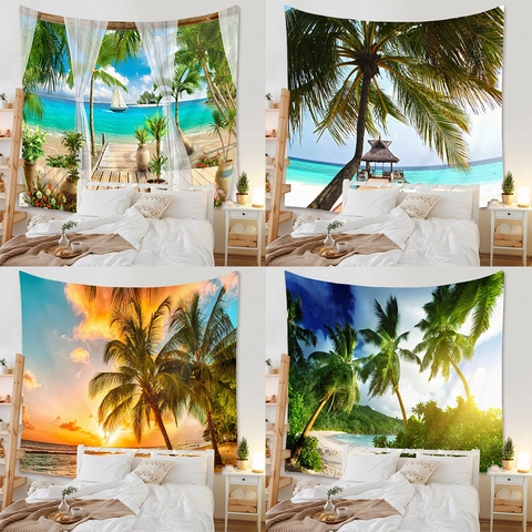 Arazzo Da Parete Poliestere Paesaggio 3D Spiaggia Tramonto Vista Finestra Tessuto Appeso Decorazione Per Casa Stanza