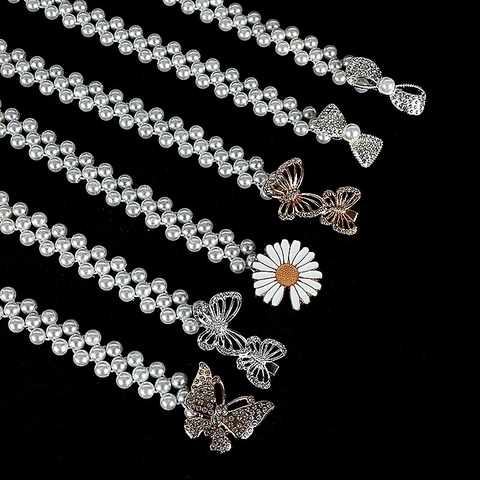 Elegant Artificial Pearl Waist Chain For Women Zinc Alloy Rhinestone Buckle Elastic Dress Belt Fashion Jewelry Accessories