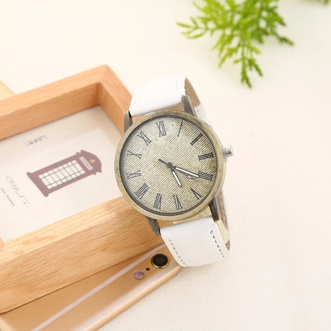Vintage Bronze Alloy Case Quartz Watch For Women Men Denim Texture PU Strap Roman Numerals Fashion Student Wristwatch