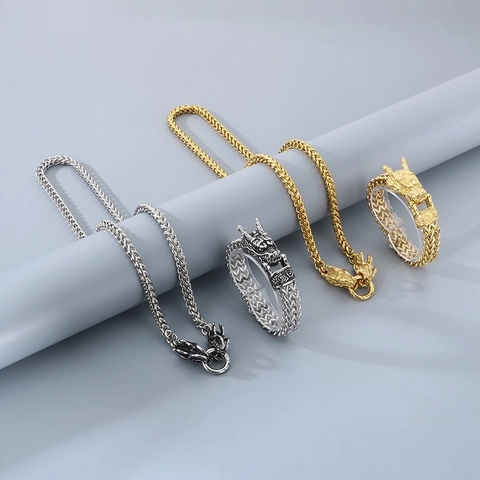 Joyas De Acero Inoxidable Para Hombre Collar Y Pulsera Cabeza De Dragón Cadena De Quilla Punk Hip Hop