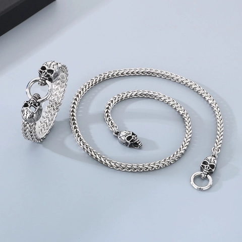 Men Stainless Steel Braided Cuban Chain Necklace And Bracelet Skull Head Clasp Punk Hip Hop Gothic Jewelry