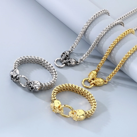 Men Stainless Steel Braided Cuban Chain Necklace And Bracelet Skull Head Clasp Punk Hip Hop Gothic Jewelry