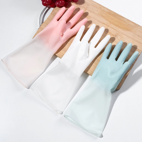 Waterproof PVC Household Cleaning Gloves Non-Slip Long Sleeve Dishwashing Laundry Protective Gradient Color For Women
