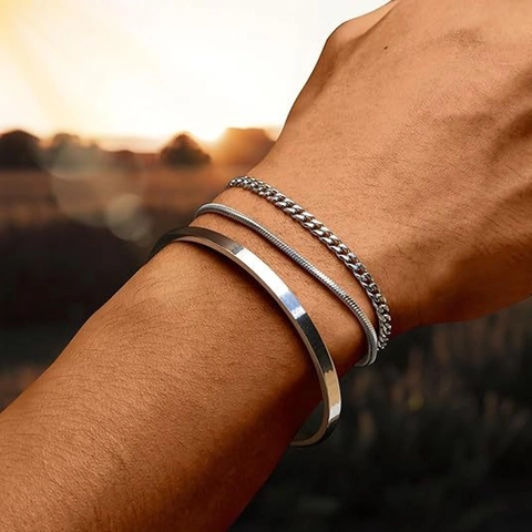 Minimalist Stainless Steel Stackable Cuff Bangle Snake Cuban Chain Bracelets For Men Fashion Geometric Layered Style