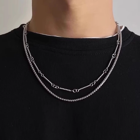 Collier Double Couche En Acier Inoxydable Chaîne Bambou Bijoux Minimalistes Vintage Pour Hommes Femmes Accessoire Tendance