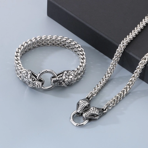 Collar Y Pulsera De Acero Inoxidable Con Doble Cabeza De Serpiente Cadena De Quilla Estilo Rock Punk Para Hombre