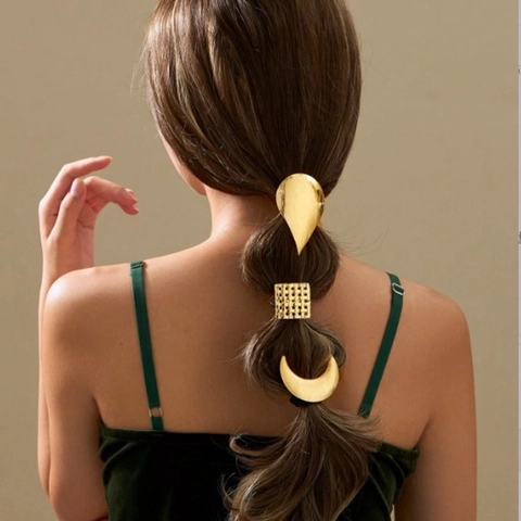 Metall Haargummis Gold Geometrische Form Mond Wassertropfen Quadrat Elastisch Pferdeschwanzhalter Damen Elegant