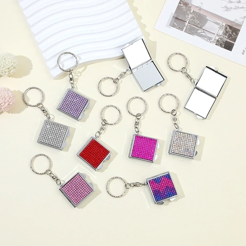Mini Folding Makeup Mirror Keychain Rhinestone Square Metal Portable Decorative Bag Pendant For Women Gift