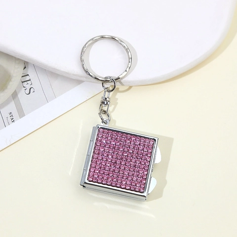 Mini Folding Makeup Mirror Keychain Rhinestone Square Metal Portable Decorative Bag Pendant For Women Gift
