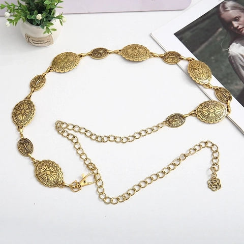 Vintage Metalen Tailleketting Riem Ovaal Zonnepatroon Gesneden Verstelbare Lichaamssieraden Voor Dames Jurk Jeans