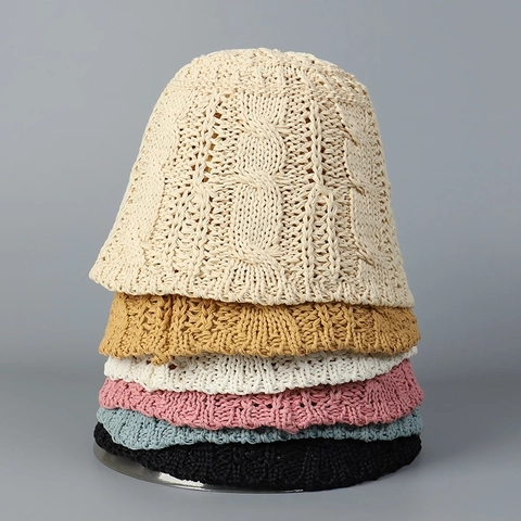 Sombrero De Pescador Tejido Para Mujer Trenzado Calado Plegable Mezcla Algodón Sombrero Sol Color Sólido Estilo Retro