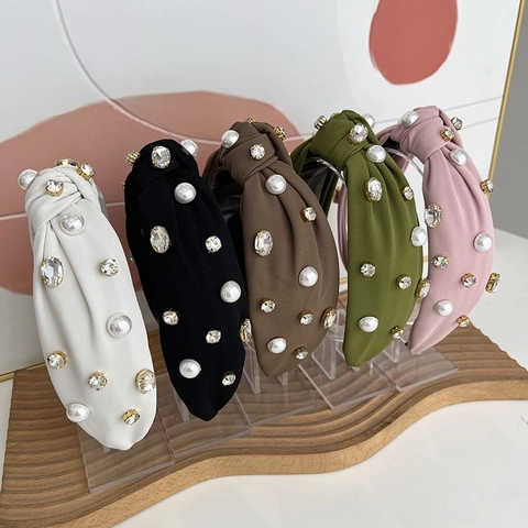Knot Design Fabric Headband With Faux Artificial Pearls And Sparkling Rhinestones Elegant Wide Hair Hoop For Women