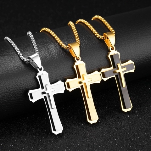 Men Double Layer Cross Pendant Necklace Titanium Stainless Steel Punk Gothic Religious Jewelry Gift For Him
