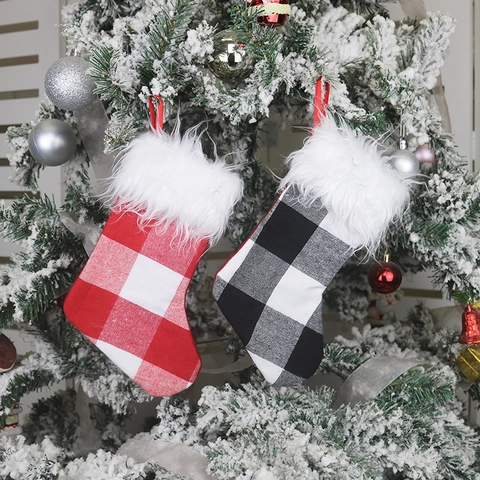 Christmas Stocking Mini Gift Bag Buffalo Plaid Cloth With White Faux Fur Cuff Hanging Ornament Holiday Party Decoration