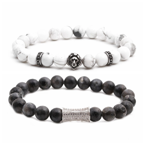 Lion Head And Bar Charm Beaded Bracelet Natural Howlite Labradorite Stone Men Jewelry