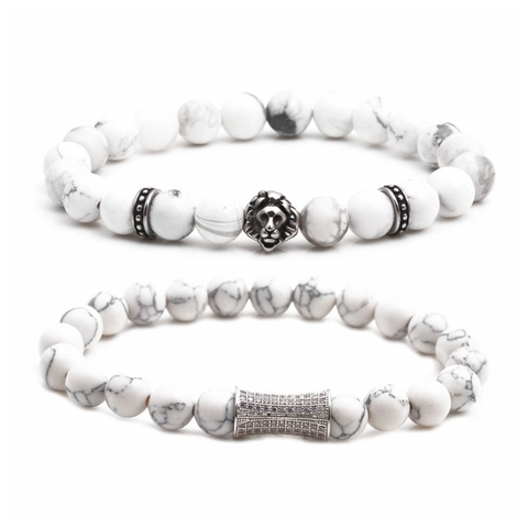 Howlite Stone Beaded Bracelet And Lion Head Zircon Cylinder Jewelry For Men