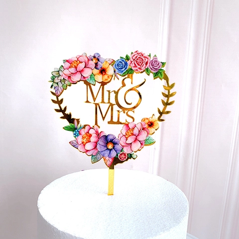 Acrylic Cake Topper Gold Mirror Color Printed Floral Heart Round Shapes Happy Birthday Wedding Anniversary Party Decoration