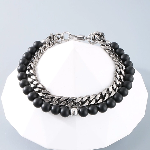 Pulsera De Doble Capa Acero Inoxidable Cadena Cubana Cuentas De Ónice Negro Mate Vintage Punk Joyería Para Hombre