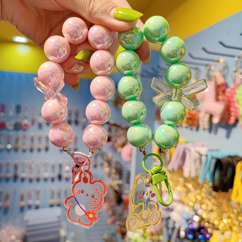 Portachiavi Con Perline Acriliche Iridescenti Fiocco Orso Coniglio Ciondolo Charm Per Telefono Accessorio Per Borsa Kawaii Ragazze