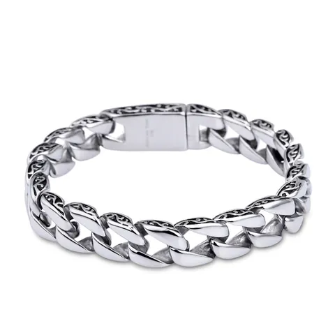 Pulsera De Cadena Cubana Para Hombre Acero Inoxidable 316L Grabado Floral Retro Hip Hop Punk Joyería