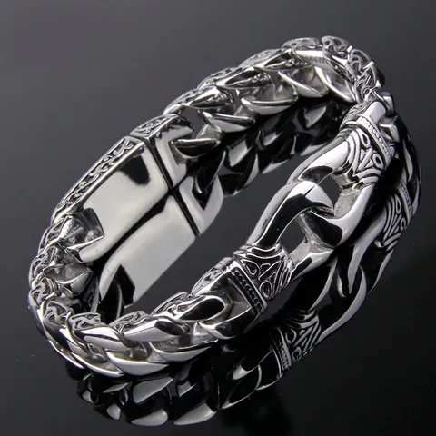 Vintage Heren Gegraveerde 316L Roestvrijstalen Armband Punk Hip Hop Zware Cubaanse Schakelketting Gepolijst Sieraden