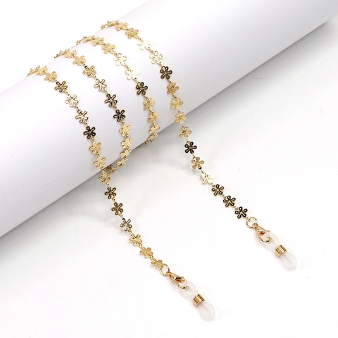 Fashion Glasses Chain Metal Flower Design Gold Plated Anti-Slip Eyewear Strap With Silicone Loops For Women