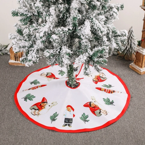Gonna Per Albero Di Natale Bianco Tondo Peluche Decorazione Natalizia Personaggio Cartone Animato Coniglio Ramo Di Pino Bordo Rosso