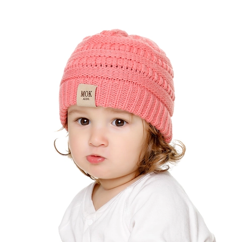 Kids Knitted Beanie Hat Warm Soft Acrylic Yarn Winter Autumn Solid Mixed Color Leather Patch Round Top For Infant Toddler