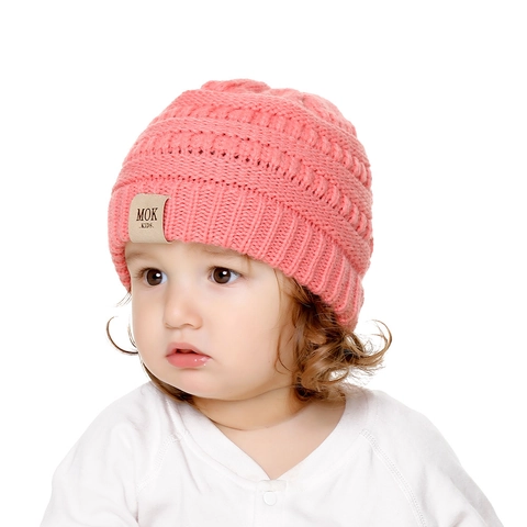 Kids Knitted Beanie Hat Warm Soft Acrylic Yarn Winter Autumn Solid Mixed Color Leather Patch Round Top For Infant Toddler