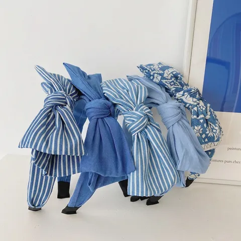 Women Bow Headband Wide Denim Fabric Striped Floral Pattern Sweet Korean Style Hair Hoop Styling Accessories Elegant