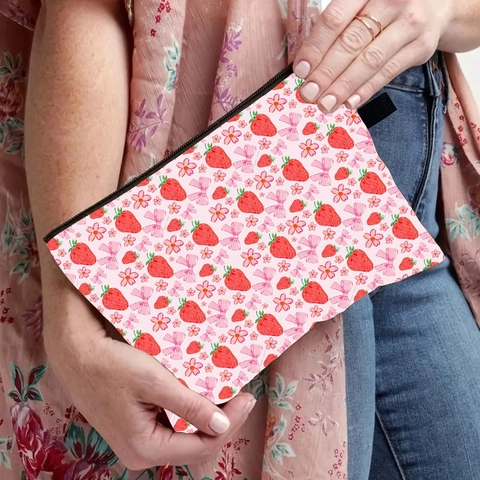 Pink Cosmetic Bag Polyester Zipper Closure Strawberry Floral Print Portable Makeup Organizer For Women Girls Travel Storage