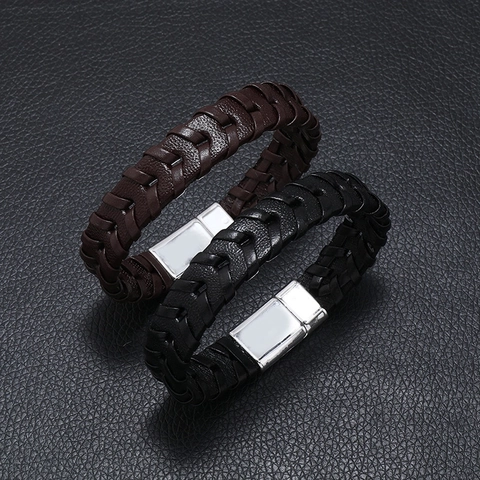 Handwoven Genuine Leather Braided Bracelet With Alloy Magnetic Clasp Punk Style Fashion Jewelry For Men