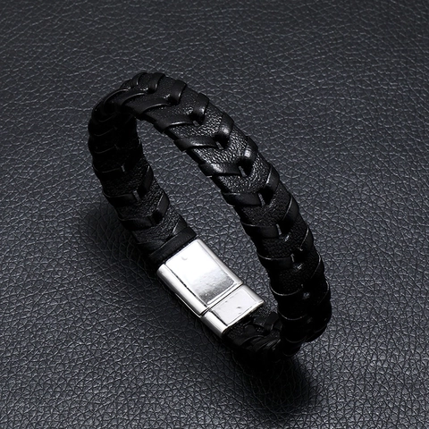 Handwoven Genuine Leather Braided Bracelet With Alloy Magnetic Clasp Punk Style Fashion Jewelry For Men