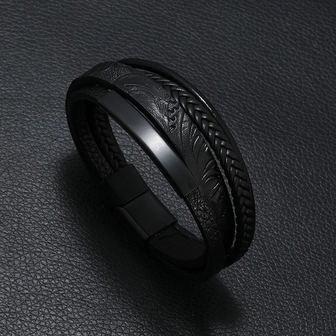 Multi Layer Leather Bracelet Men Retro Punk Magnetic Clasp Alloy Metal Chain Striped Print Fashion Jewelry Gift