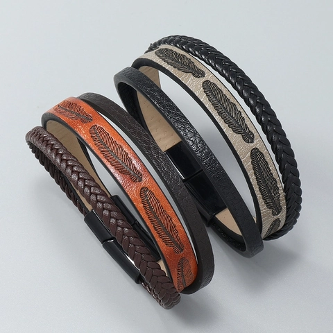 Men Leather Bracelet PU Braided Cord Multi Layer Wristband Feather Embossed Alloy Magnetic Clasp Retro Trendy Jewelry