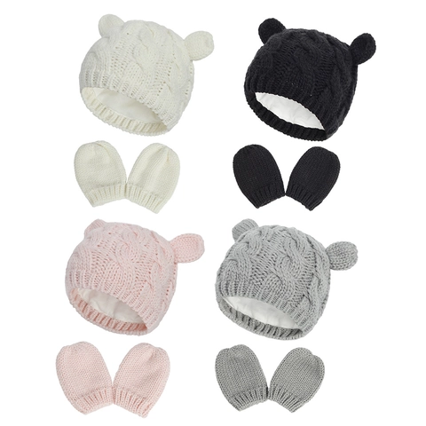 Baby Knit Hat And Mittens Winter Warm Acrylic Cable Cute Bear Ears Beanie For Newborn Infant Toddler