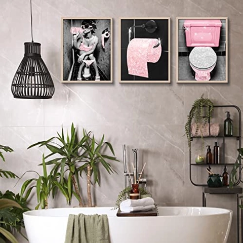 Moderne Rosa Glitzer Badezimmer Wandkunst Leinwanddrucke Mode Frauen Lippen High Heels Toilettendekor Rahmenlos