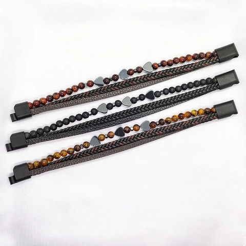 Bracciale Multistrato In Pelle Intrecciata Ciondolo Cuore Pietra Naturale Con Chiusura Magnetica Gioielli Retro Uomo E Donna